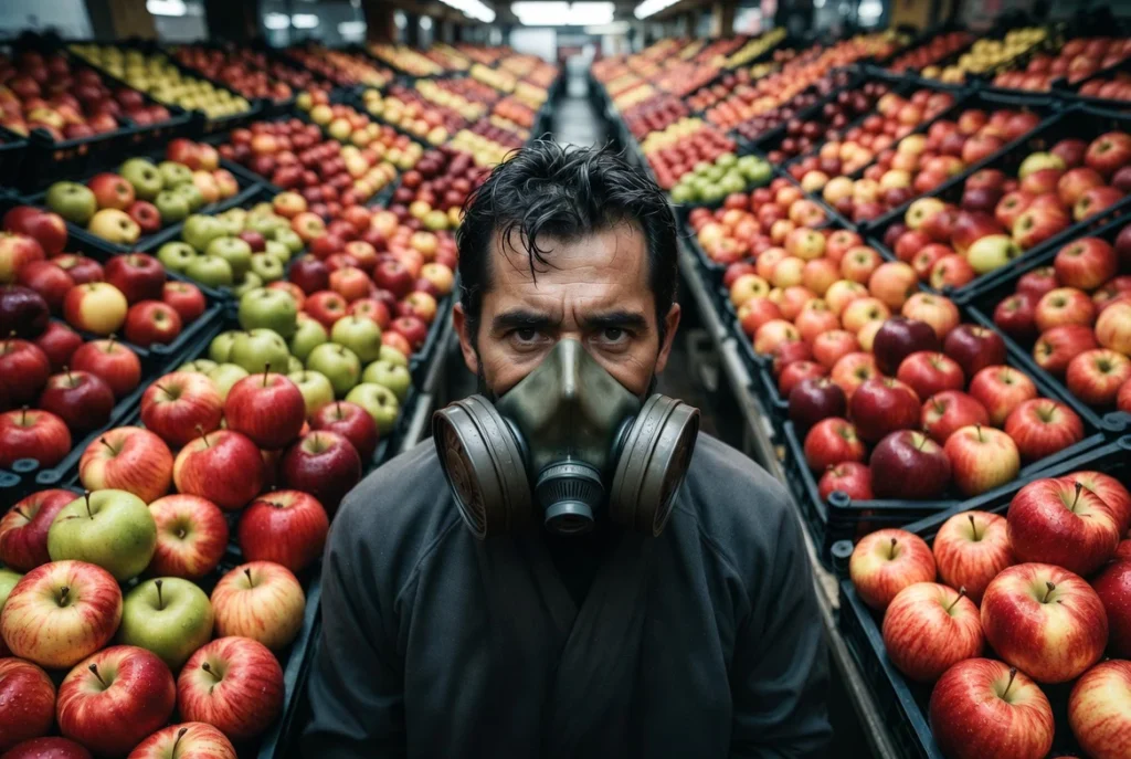 Man in gas mask amid supermarket apple crates by Rgenic – warning on hidden preservatives like DPA and pesticides in conventional apples
