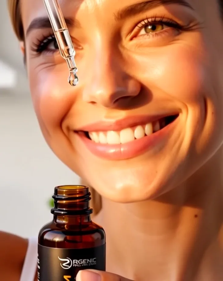Smiling woman holding Rgenic liquid supplement bottle and watching clear drop from pipette – liquid form by design