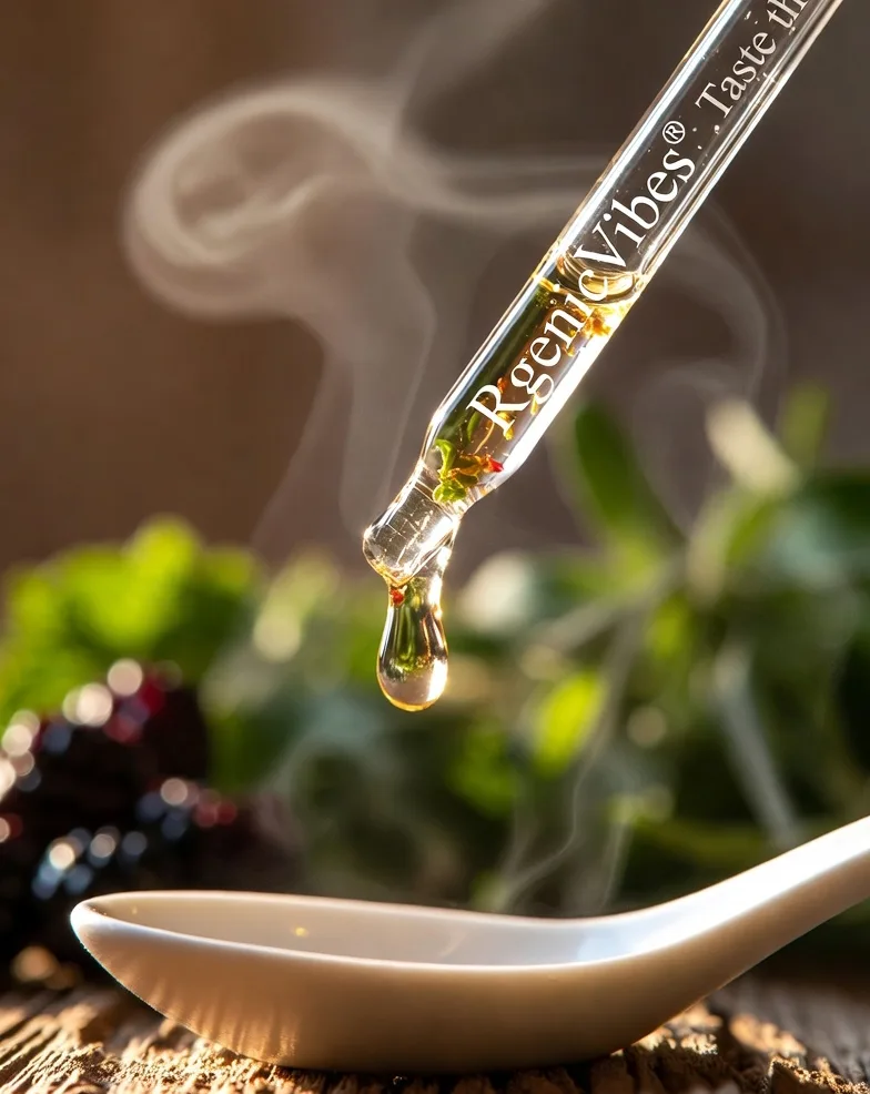 Single drop of RgenicVibes falling from dropper – true taste with no artificial flavours or sweeteners