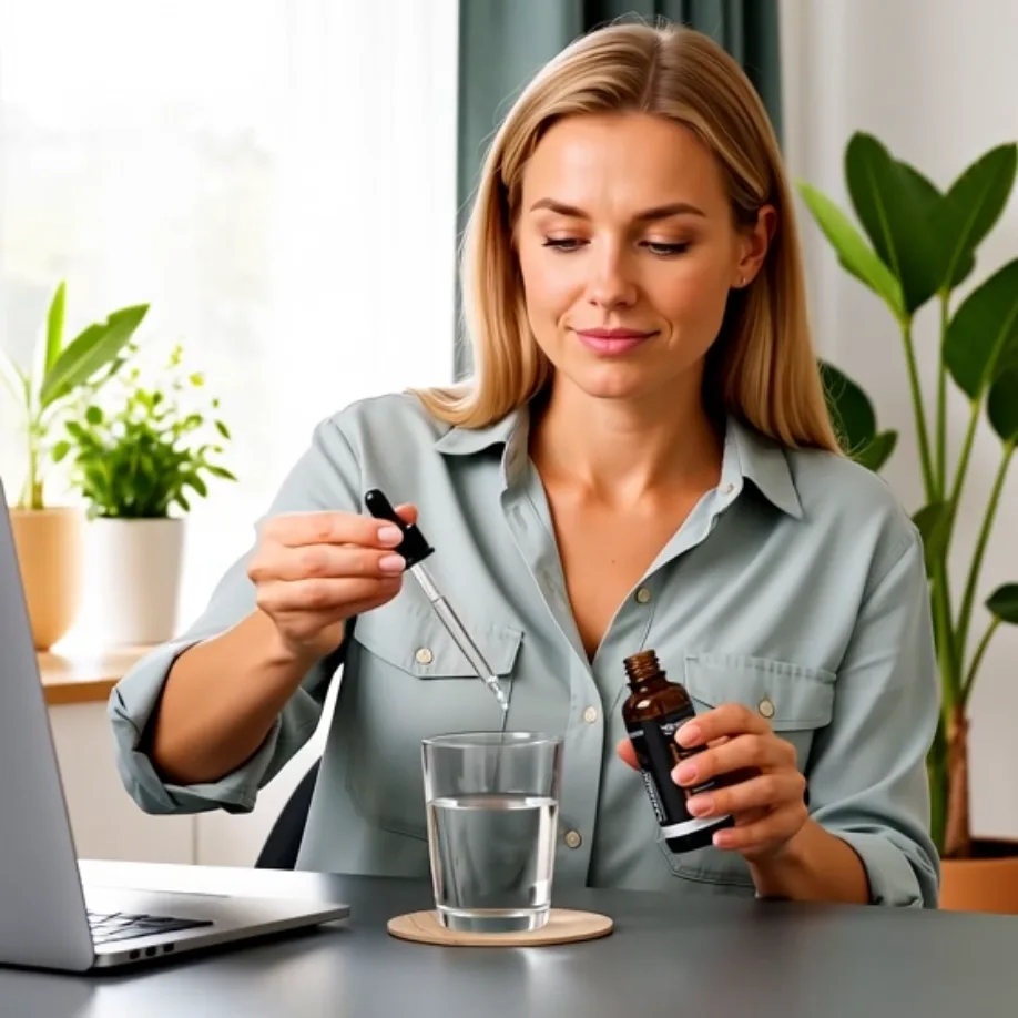 woman-taking-rgenic-liquid-drop Woman adding one drop of Rgenic premium liquid food supplement into a glass of water