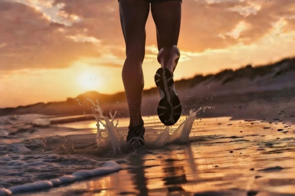 Legs running on sunset beach with splashing waves by Rgenic – symbolizing natural magnesium energy and recovery vs lab-made supplements