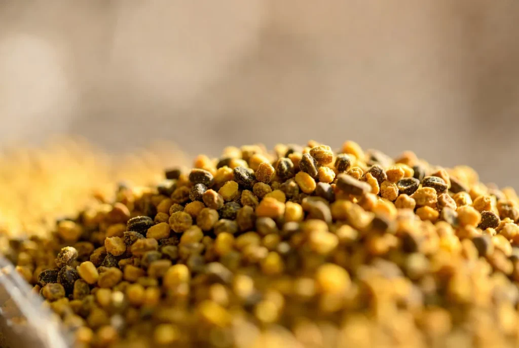 Detailed macro photograph of organic bee pollen granules, showing fine texture and natural color variation