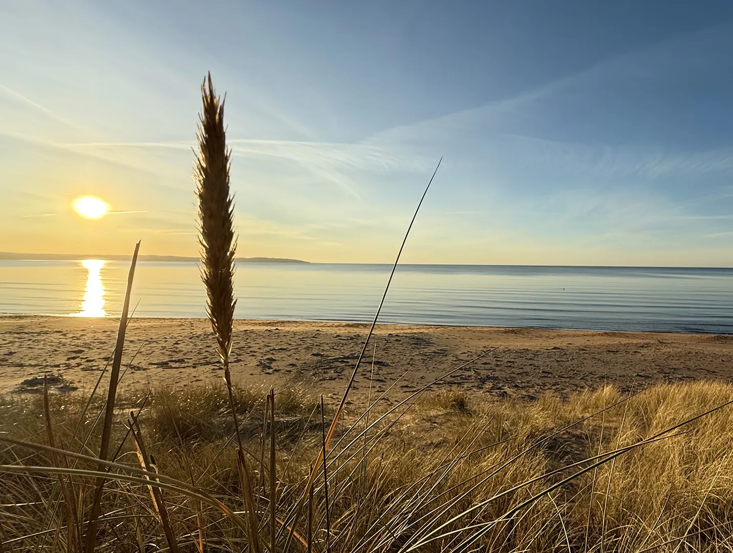 Serene Swedish coastline at sunrise with calm sea, sandy beach, and dunes, representing the natural environment that sparked a lifelong passion for movement and performance.