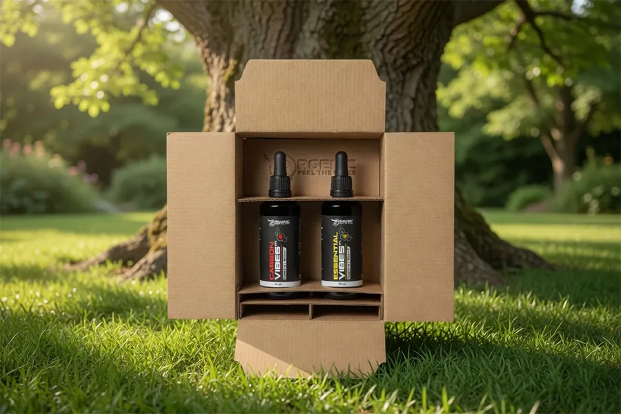 Rgenic sustainable packaging with CardionVibes and EssentialVibes dropper bottles in recyclable cardboard box