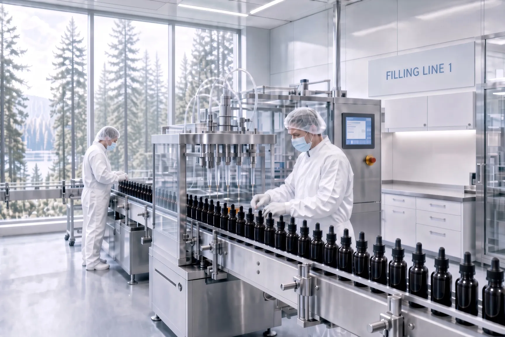 Clean Swedish production environment where glass bottles are filled under high purity standards