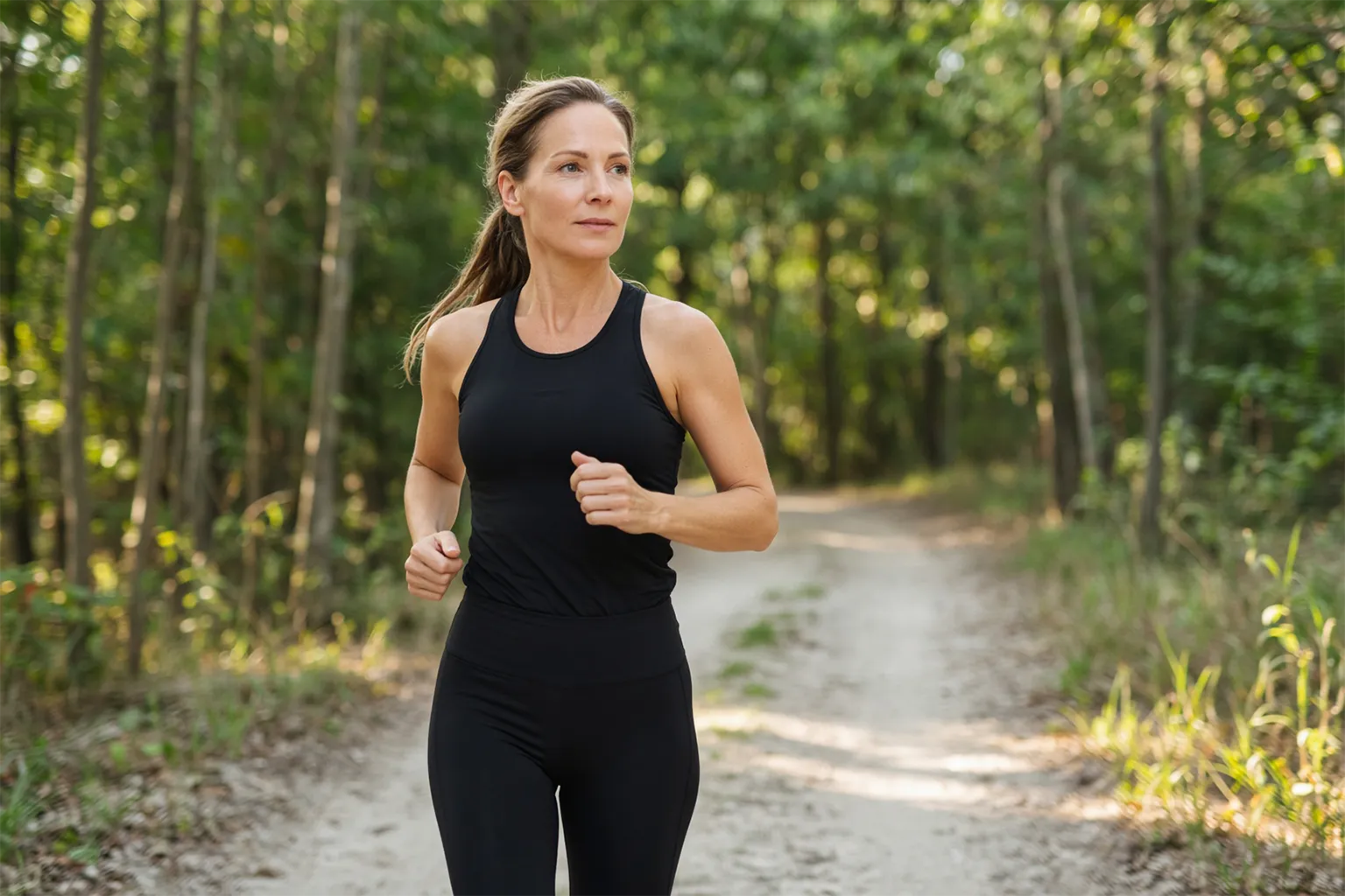 Happy young woman running joyfully in nature, embodying energy, vitality, and an active wellness lifestyle