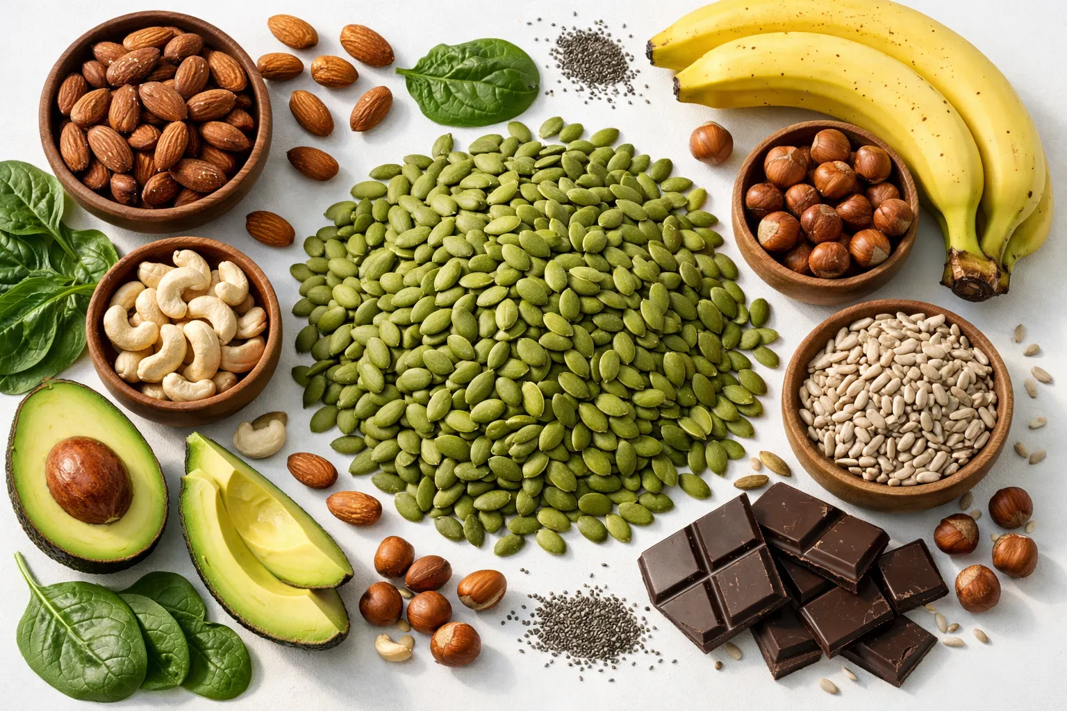 Vibrant collection of magnesium-rich foods including pumpkin seeds, nuts, greens, and more for a healthy diet