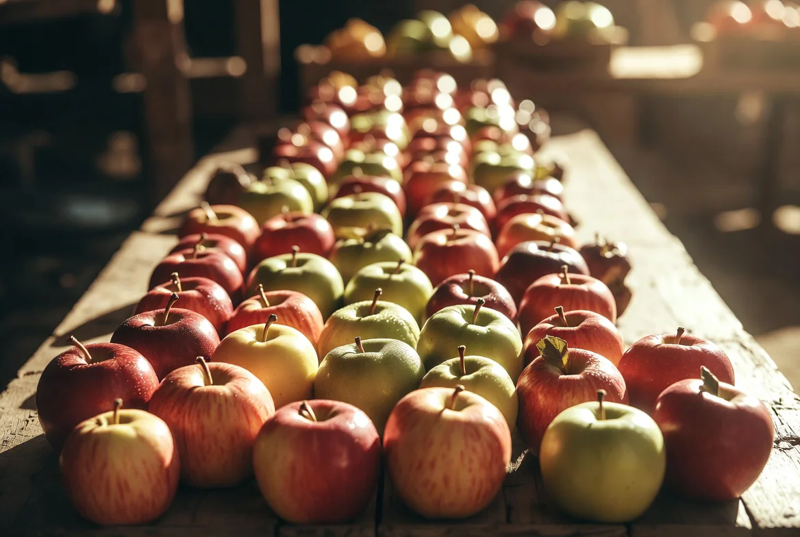 Baskets of fresh, seasonal apples at a local farmers market, naturally ripened and full of flavor