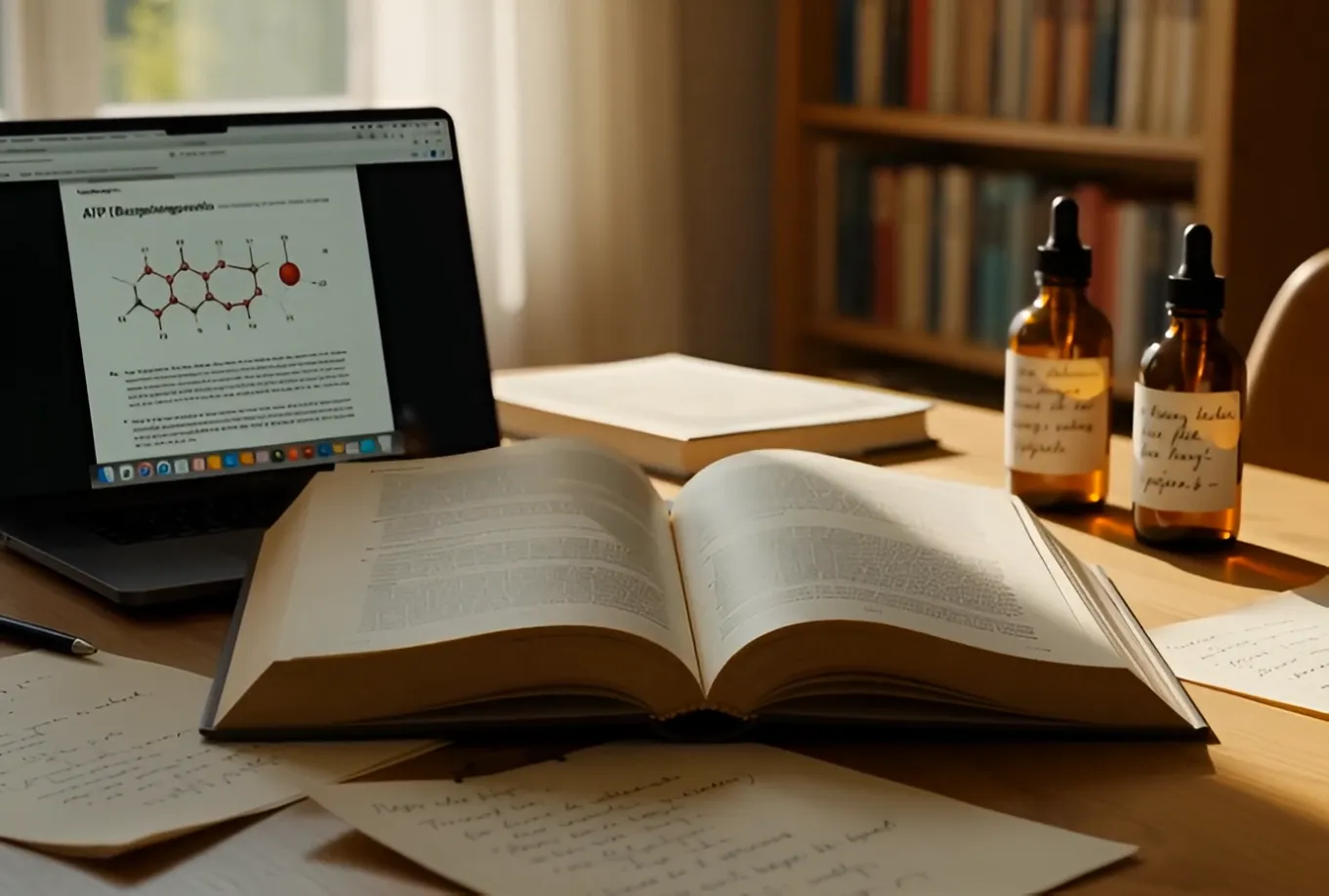 Rgenic science desk with ATP molecule, biochemistry book, notes and dropper bottles for nutritional formulations