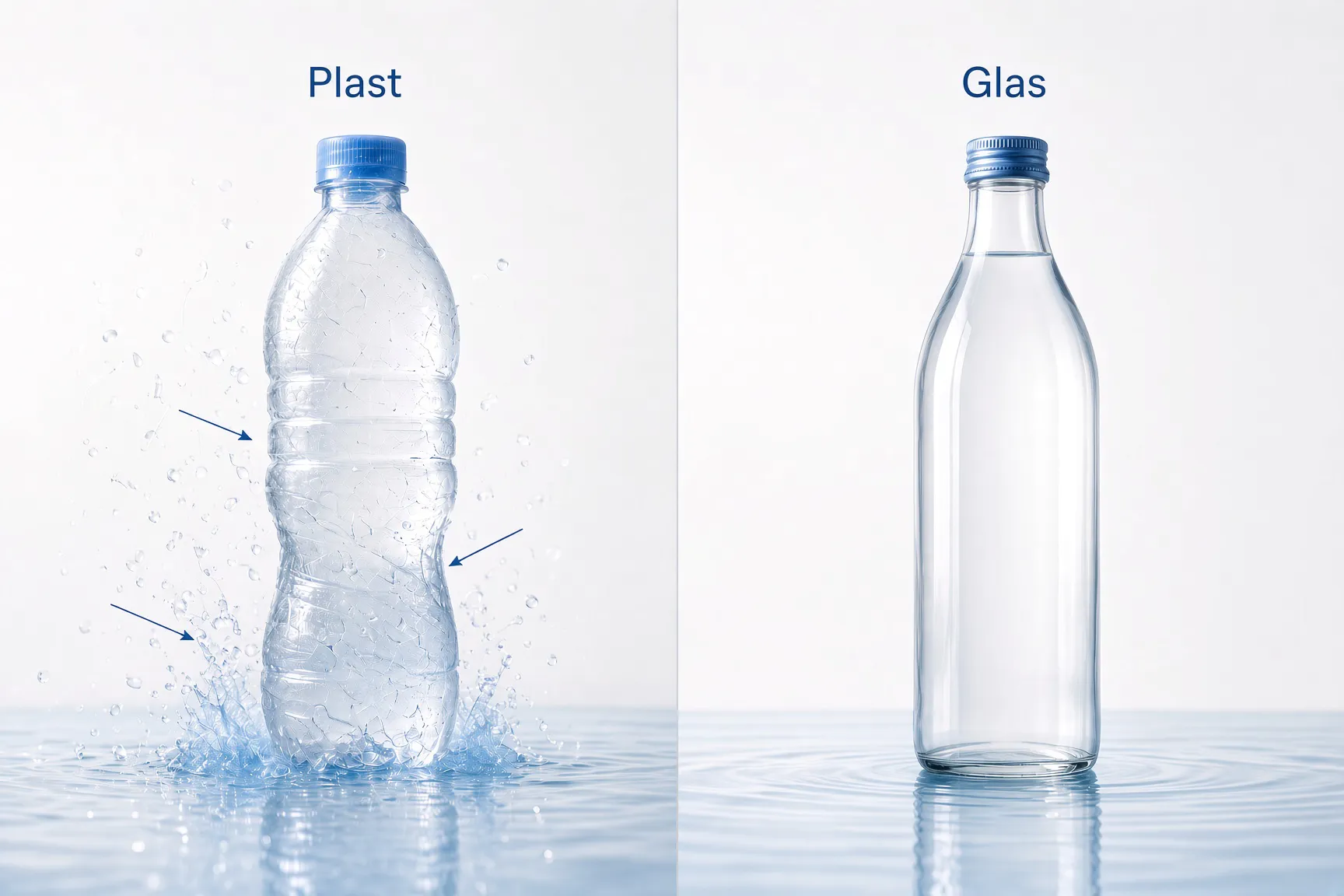 Illustration som visar hur plastflaskor kan avge mikroplaster jämfört med en inert glasflaska