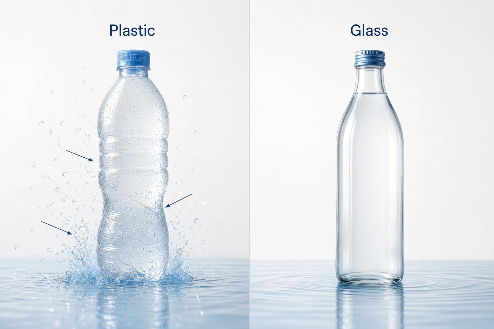 Illustration showing how plastic bottles can release microplastics compared to an inert glass bottle