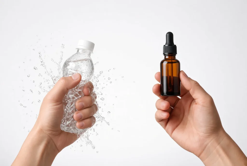 Crushing plastic bottle next to Rgenic dropper bottle