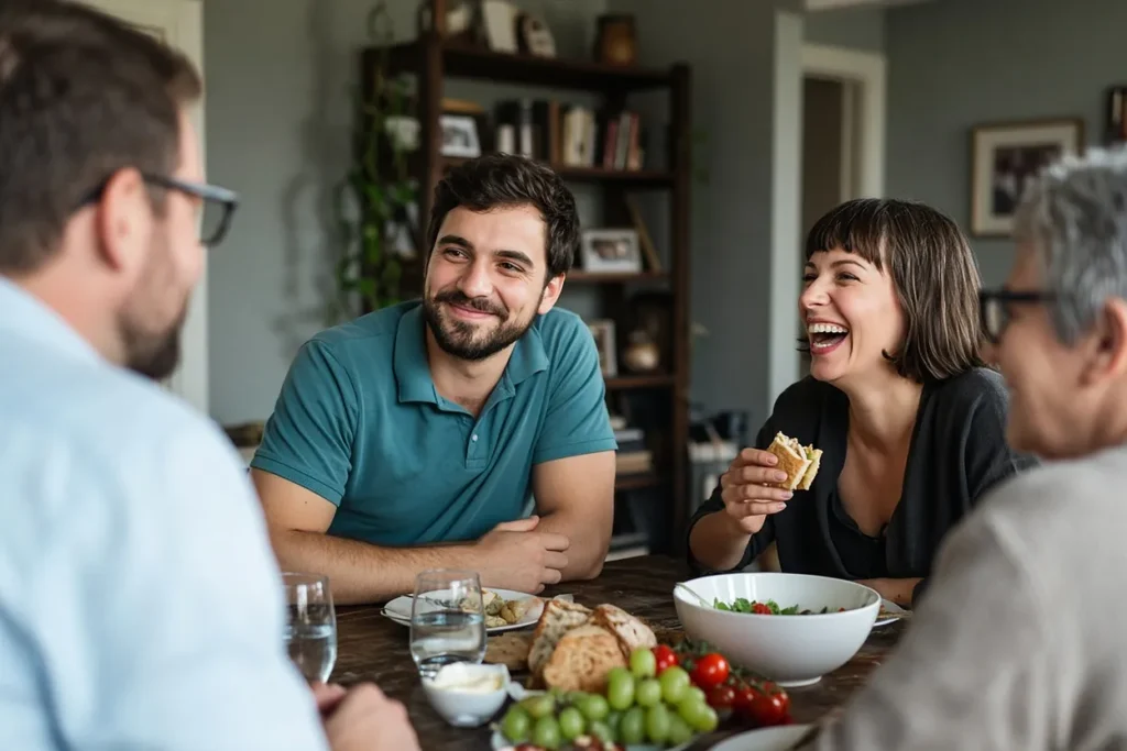 Family and friends sharing a meal at home, laughing around the dinner table.