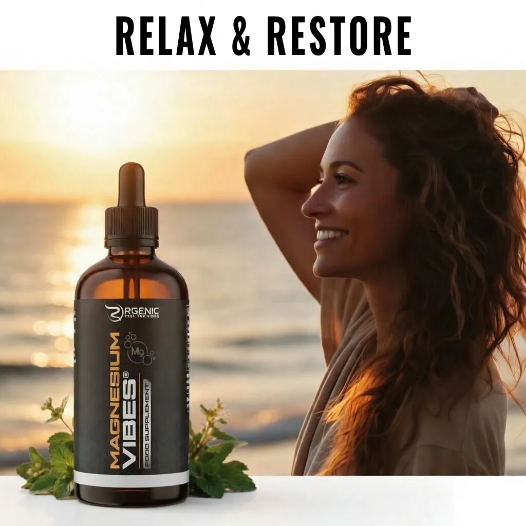 MagnesiumVibes ionic magnesium drops by Rgenic, Relax & Restore bottle at sunset by the sea